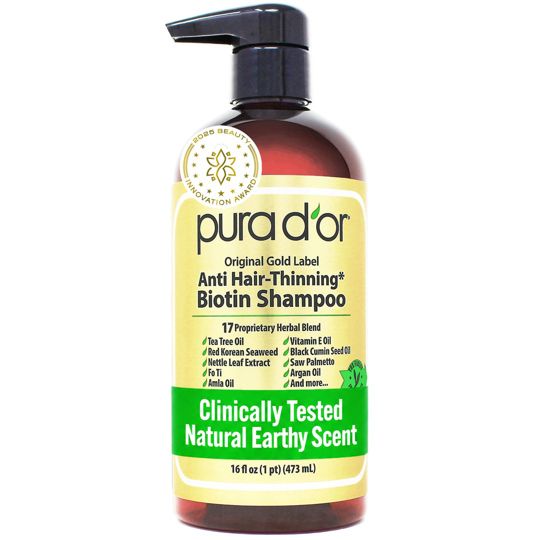 PURA D'OR 16 Oz Original Gold Label Anti-Thinning Biotin Shampoo Natural Earthy Scent, CLINICALLY TESTED Effective Results, Herbal DHT Blocker Hair Thickening Products, Women & Men, Color Treated Hair