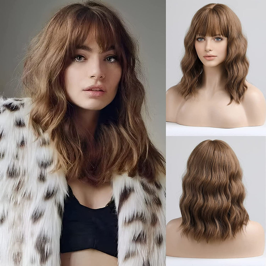 ECIF Brown Bob Wigs For Women Shoulder Length Wig With Bangs Synthetic Curly Hair For Party And Cosplay