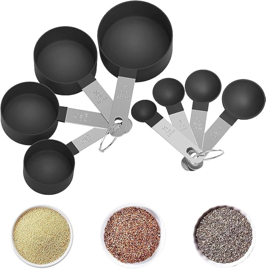 CAZADORA Measuring Cups and Spoons Set - Precise Cooking Measurements with Stackable Stainless Steel Handles - 8-Piece Kit for Dry and Liquid Ingredients - Small Teaspoon with Plastic Head (Black)