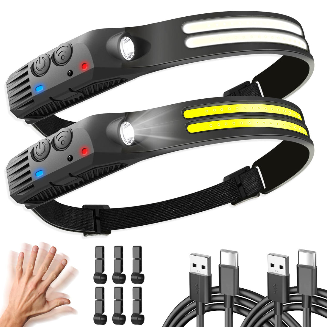 LED Headlamp Rechargeable, 2PCS Super Bright Head Lights for Forehead with Motion Sensor, USB C 230°Wide Angle Headband Flashlight for Hiking, Running, Camping Essentials Accessories Gear