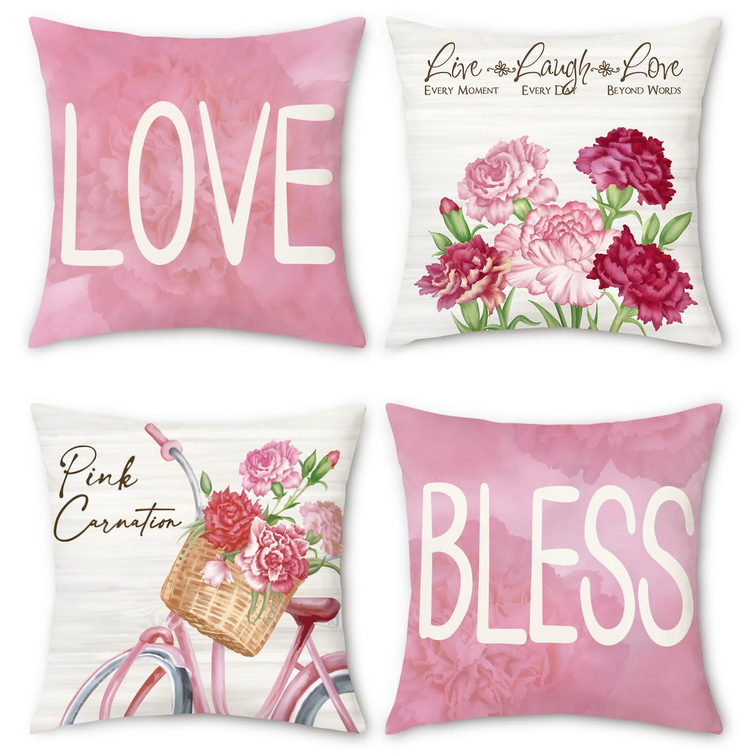 Bonhause Pink Floral Throw Pillow Covers 18x18 Set of 4 Pink Carnation Love Bless Pillows Case Soft Velvet Gift for Mother Grandma Gift Birthday Home Decor