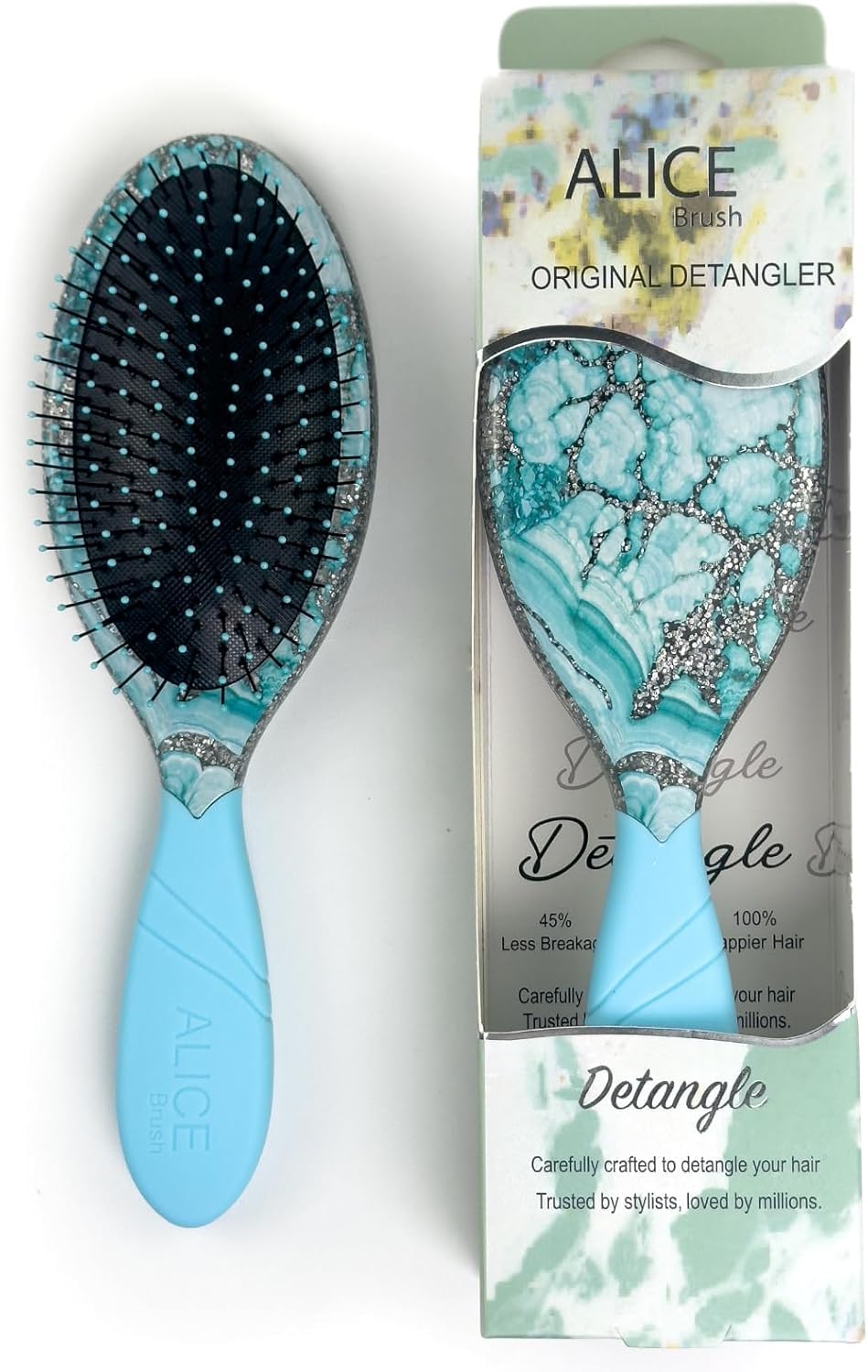 Alice Detangler Hair Brush Collection – Galaxy, Tropical & Gradient Designs – Soft Bristles, No-Pull Grip – For Wet & Dry Hair (Baby Blue)