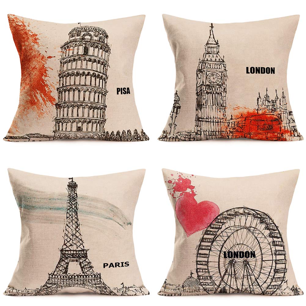 4 Pack Cotton Linen 18”x18” Throw Pillow Covers London Paris City Quote Big Ben Eiffel Tower Ferris Wheel Leaning Tower of Pisa Pillow Black Painting (Pisa, 18x18 Inches)