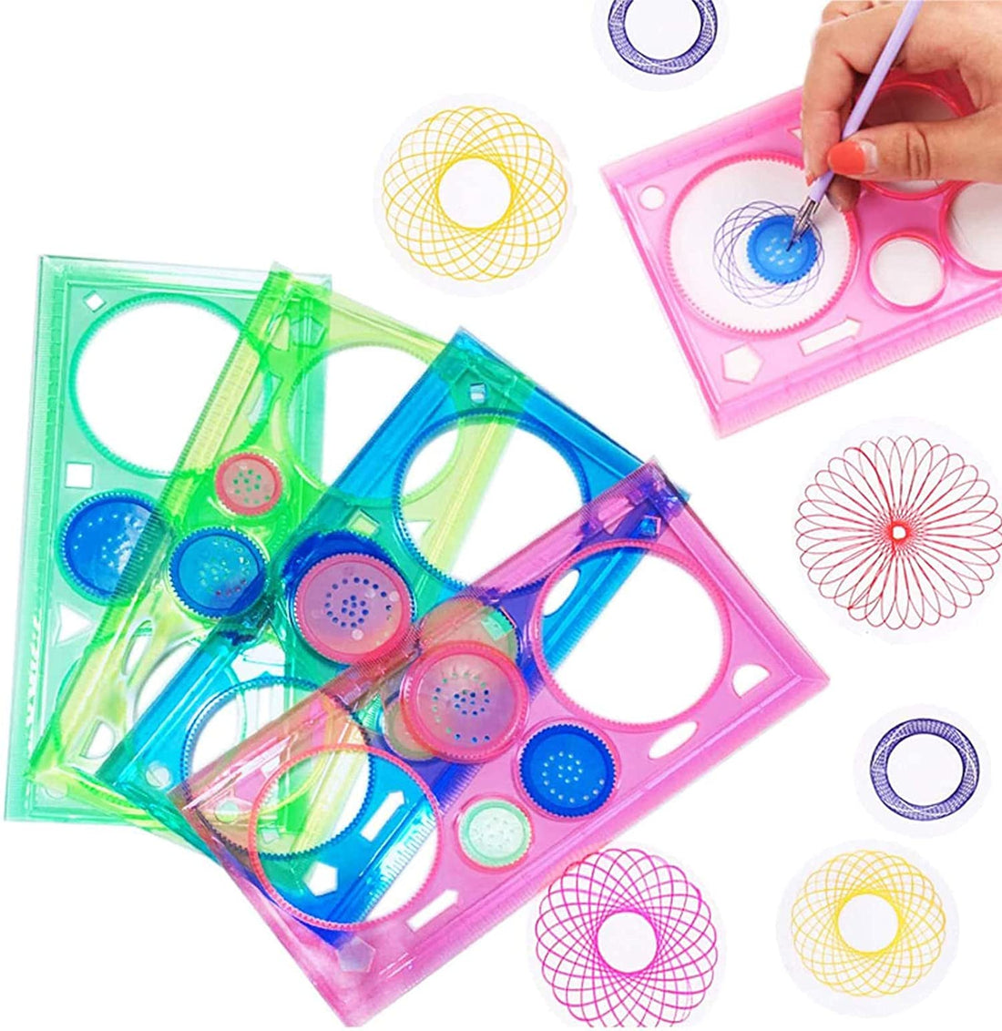 DELFINO Magic Variety Flower Ruler Set,Multi-Function Diy Magic Puzzle Gear Set,Spiral Flower Interlocking Gear Toys for Kids Art,Mandala Shape Stencil (4PCS)