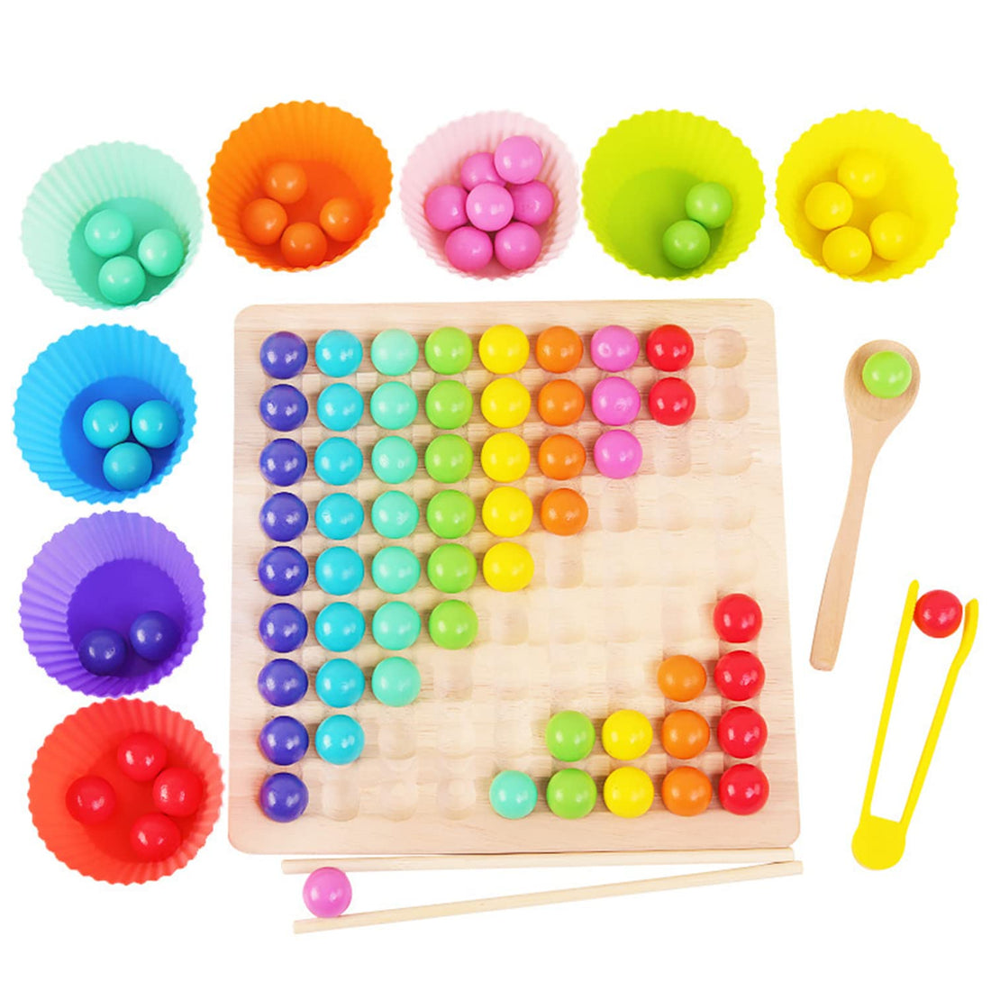 Colour Sorting Toys for Toddlers, Wooden Clip Beads Rainbow Matching Toy Hands Brain Training Toy Montessori Educational Preschool Learning Toy Matching Game Memory Toy for Boy Girl