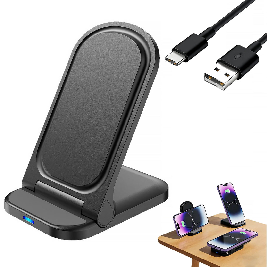 Wireless Charger Stand Compatible with iPhone 15/14/13/12 & Samsung Galaxy - 3-in-1 Fast Charging Station with Phone Holder for AirPods/Apple Watch, Qi Certified (Black, Desktop/Bedside Use)