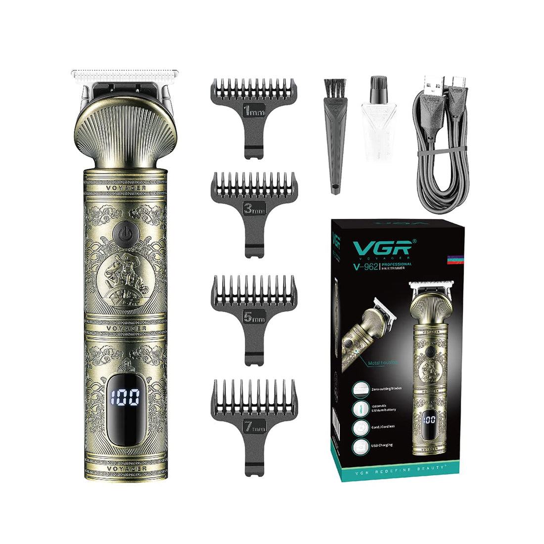 VGR V-962 Professional Pro Self Haircut Hair Clipper Beard trimmer Digital Display Blades USB Charging cable 4 Guide Combs for men 0mm Bald Head Clipper Runtime 200 mins 1200 mAh Li-ion Battery