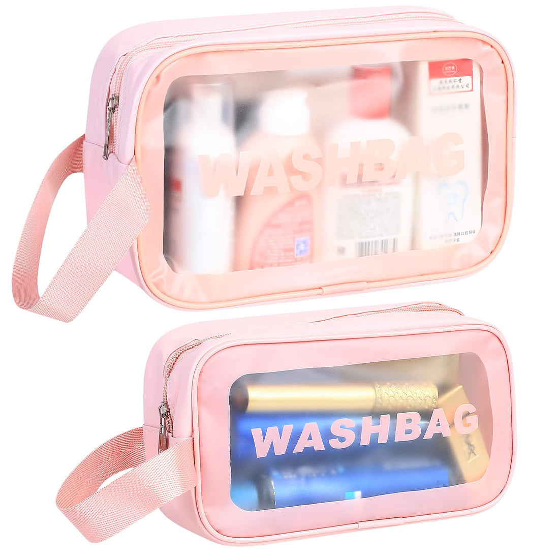 2 Pcs Clear Toiletry Bags, Pink Travel Wash Bag for Women, PVC Waterproof Makeup Bags, Cosmetic Bag With Handle for Women Men Travel Accessories