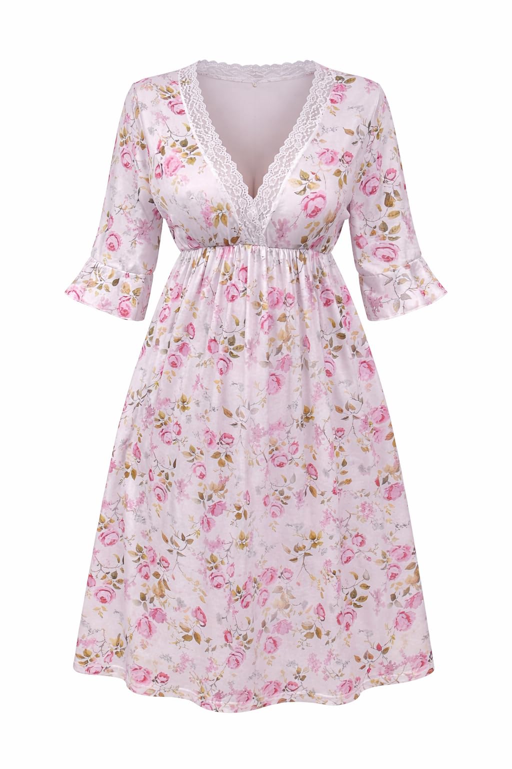 Women's Floral Pink Nightgown – Printed V-Neck Lace Nightgown – Comfortable Home Wear – Size 75-115 KG