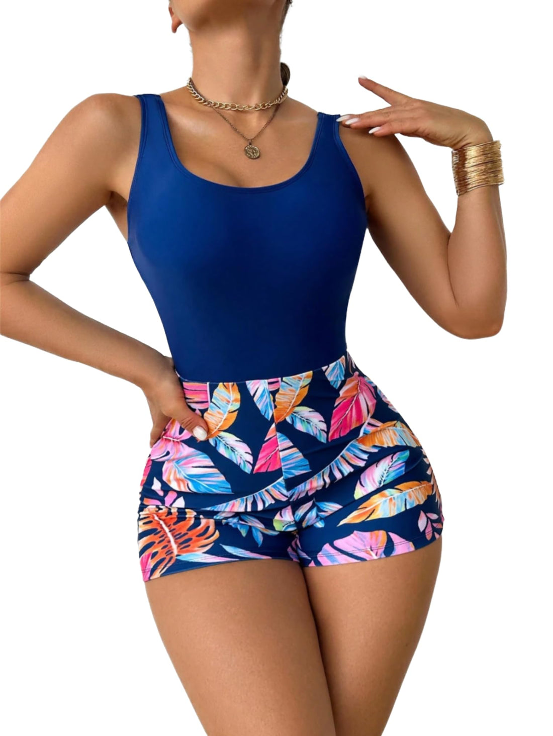 SHEIN Swimsuit Women’s Tropical Print One-Piece Swimwear- Low Back Criss Cross Swimsuit with Boxer Shorts Bottom, Beachwear for Vacation, High Stretch One Piece