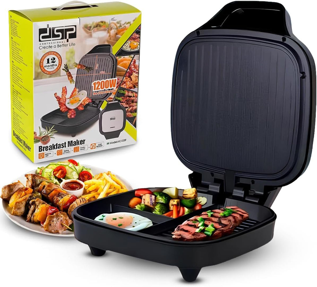 dsp breakfast sandwich maker, 1200W with Stainless Steel Plate - 21.5 × 21.5 cm, Non-Stick Coating, Power Indicator Light, Overheat Protection, Safety Lock, Phenolic Casing, KC1239