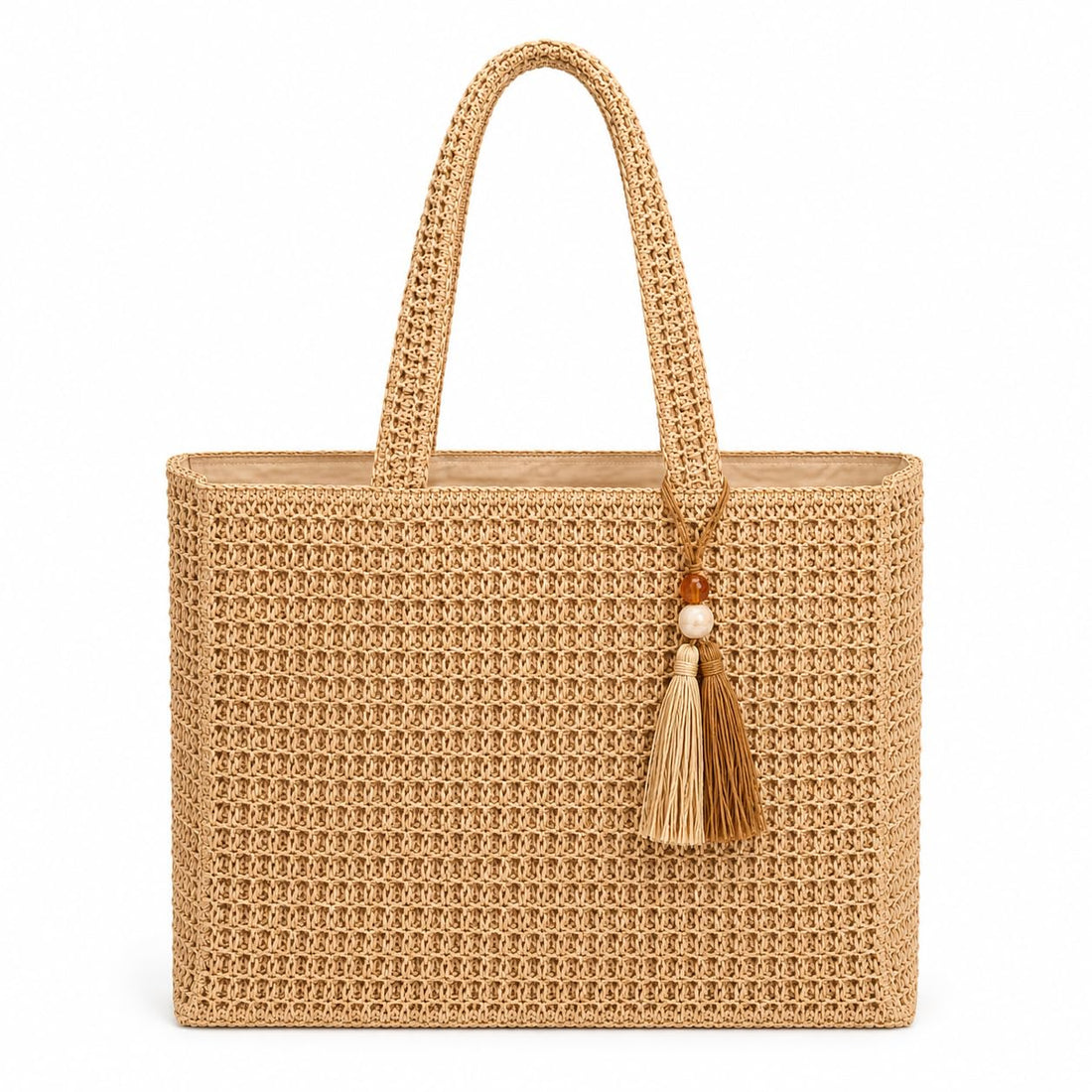 Woven Straw Tote Bag, Crochet Raffia, Tassel Charm Detail, Beach Shoulder Handbag