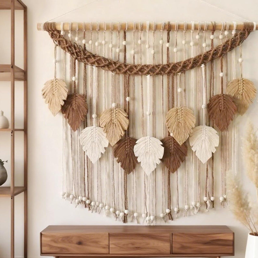Brown Leaf Macrame Wall Hanging, Abstract Boho Hand Woven Wall Tapestry, Bohemian Cotton Decor, Living Room Delicate Background Wall Decor Art (Large)