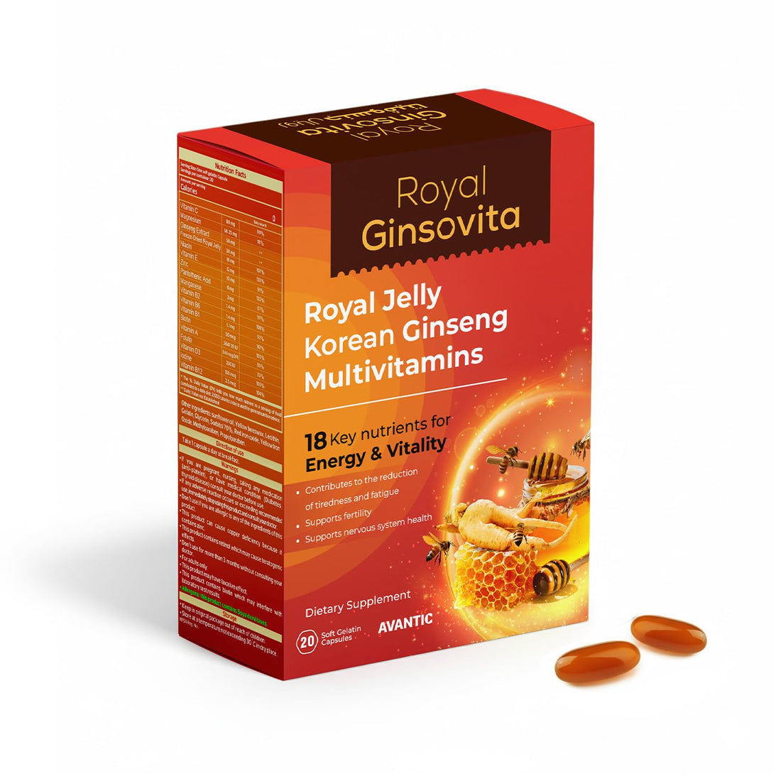 Avantic Royal Ginsovita, Royal Jelly with Korean Ginseng and Multivitamins, 18 Key Nutrients for Energy and Vitality, 20 Capsules