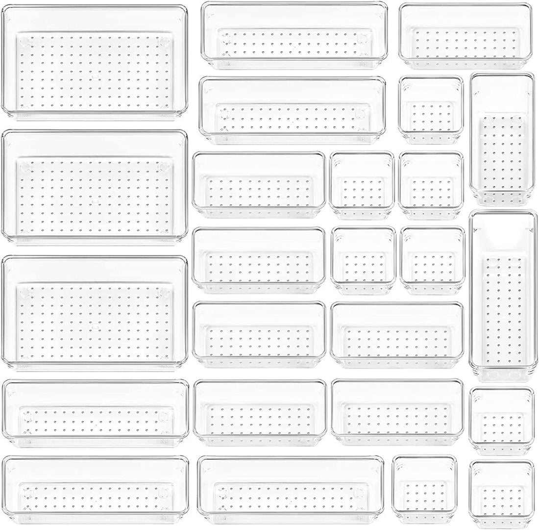 JOGAMS 25 Pcs Desk Drawer Organizer Trays, Clear Plastic Storage Boxes Bins, Desk Versatile Tidy Divider, Make-Up Organiser Boxes with 5 Size for Bedroom Office Kitchen