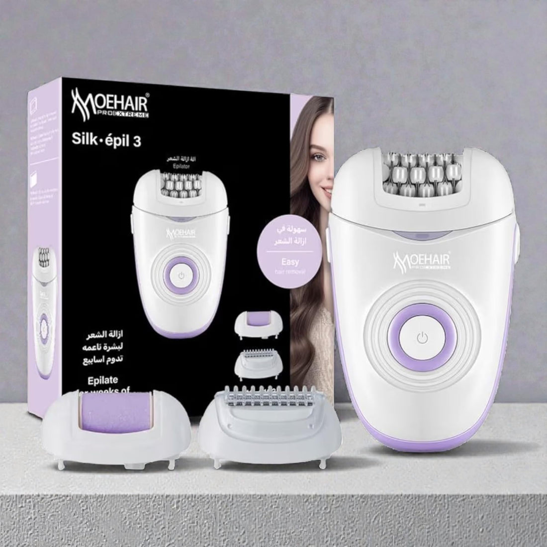 MO-9103 Silk Epil 3 Electric Epilator Set, 3-in-1 Rechargeable Hair Removal Device with Shaver and Callus Remover, 21 Tweezers, Type-C Charging, White and Purple