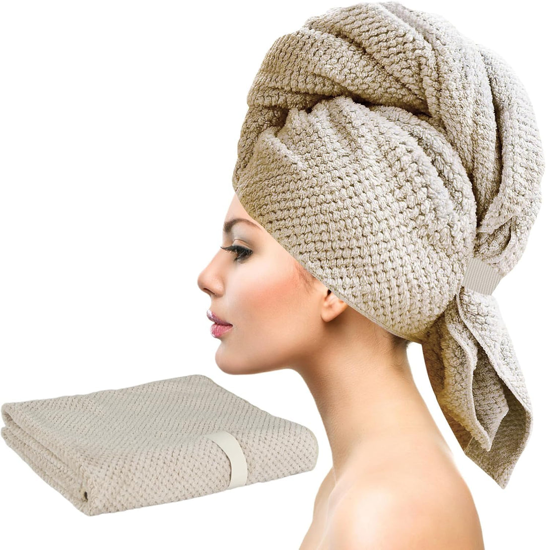 Lonimia Large Microfiber Hair Towel, 60x100cm/23.62x39.37 inches, Quick Dry, Super Absorbent, Curly Hair Plopping Towel, Beige