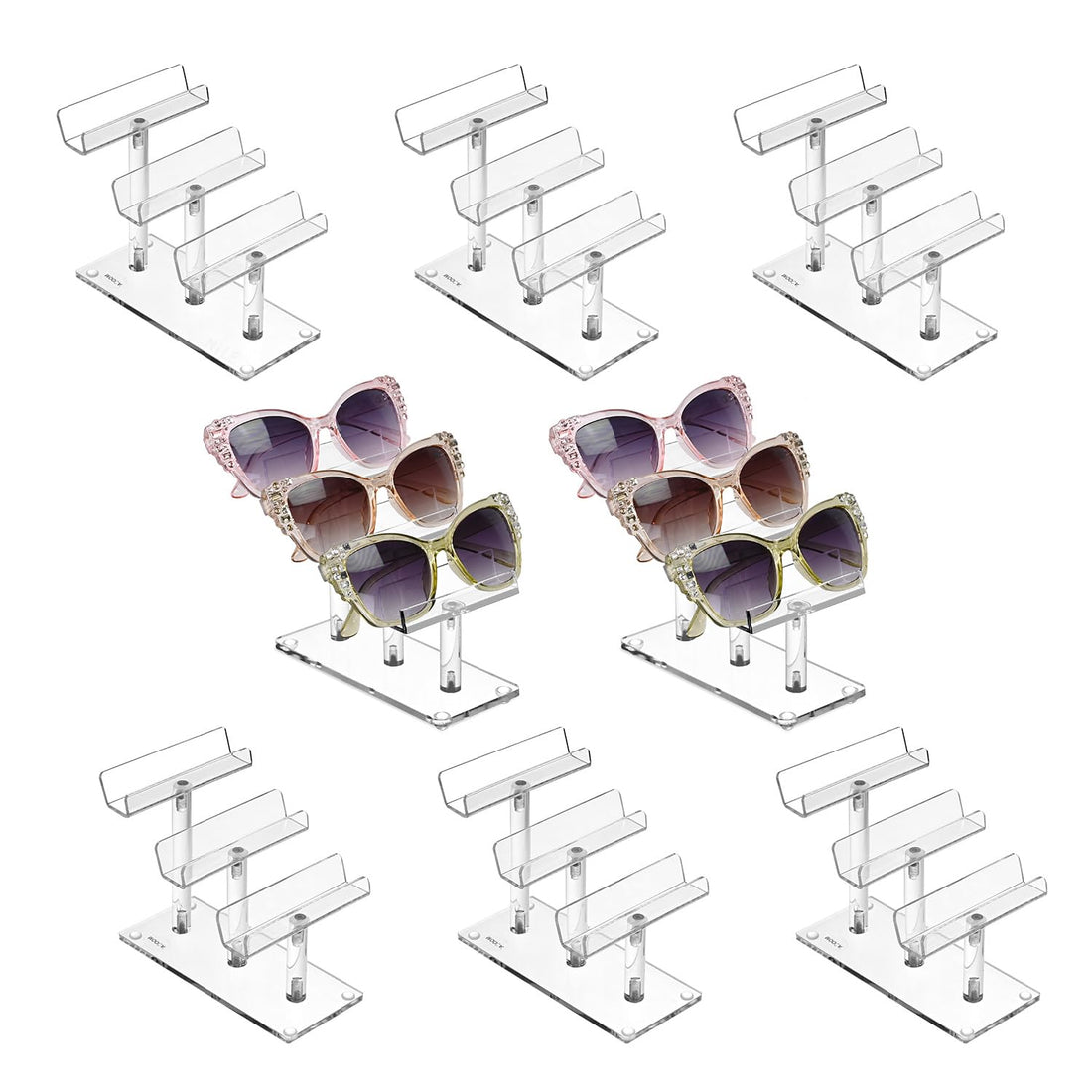 BEST MEDIA Premium Acrylic Eyewear Display Stand, Vertical Organizer Rack for Sunglasses, Space-Saving Professional Holder for Home, Vanity or Retail Counter Display, Transparent (3-Tier, Set of 8)