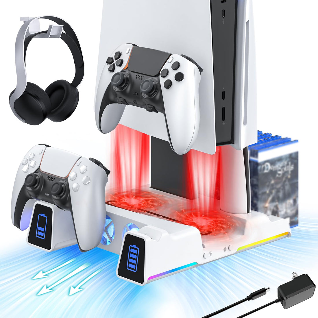 NexiGo PS5 Accessories Stand with RGB Light and Dual Controller Charger Station for Playstation 5 Console, Upgraded Multifunctional Stand with Charging Dock, 10 Game Slots, White
