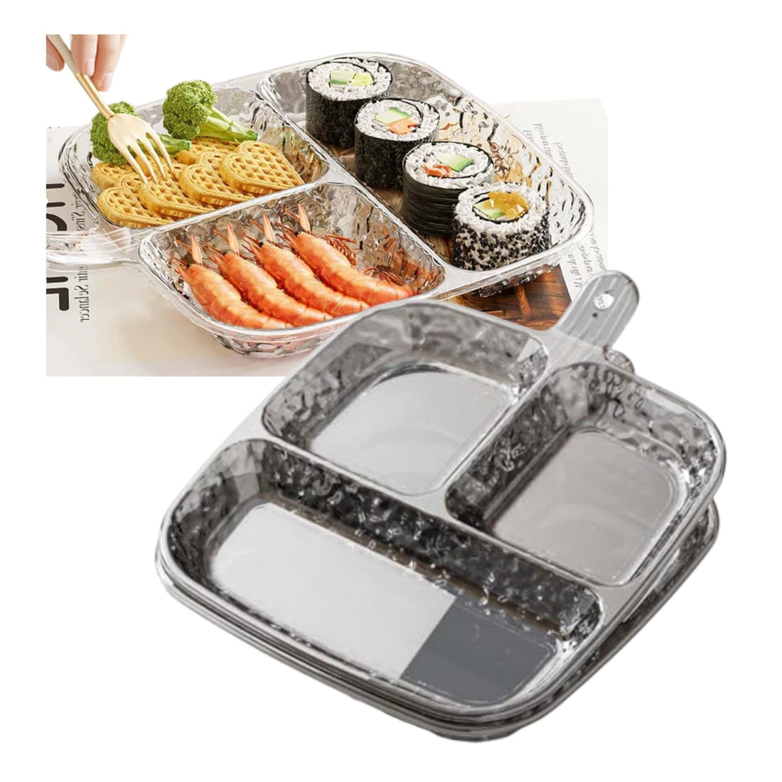 Volora Clear Plastic Divided Serving Tray with Handle, Elegant Square Design, for Vegetables, Appetizers (Grey)