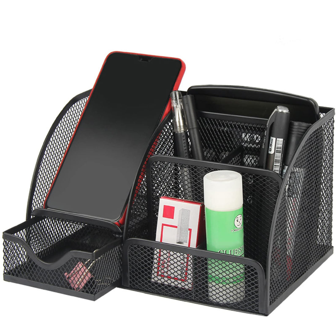 AUXHCYL Office Desk Organizers Multi-Functional Black Mesh Metal Desktop Accessories Office Supplies with 6 Compartments and 1 Storage Drawer for Home Office School Workshop