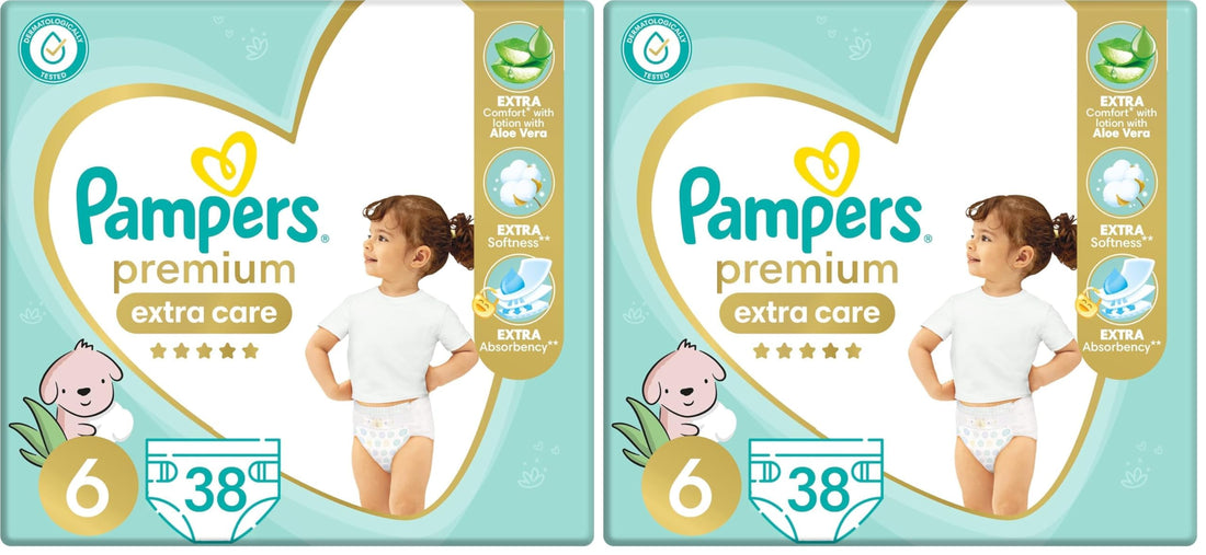 Pampers Premium EXTRA CARE Taped Diapers, Size 6, 13+ kg, with Lotion with Aloe Vera, 38 Baby Diapers (Pack of 2)