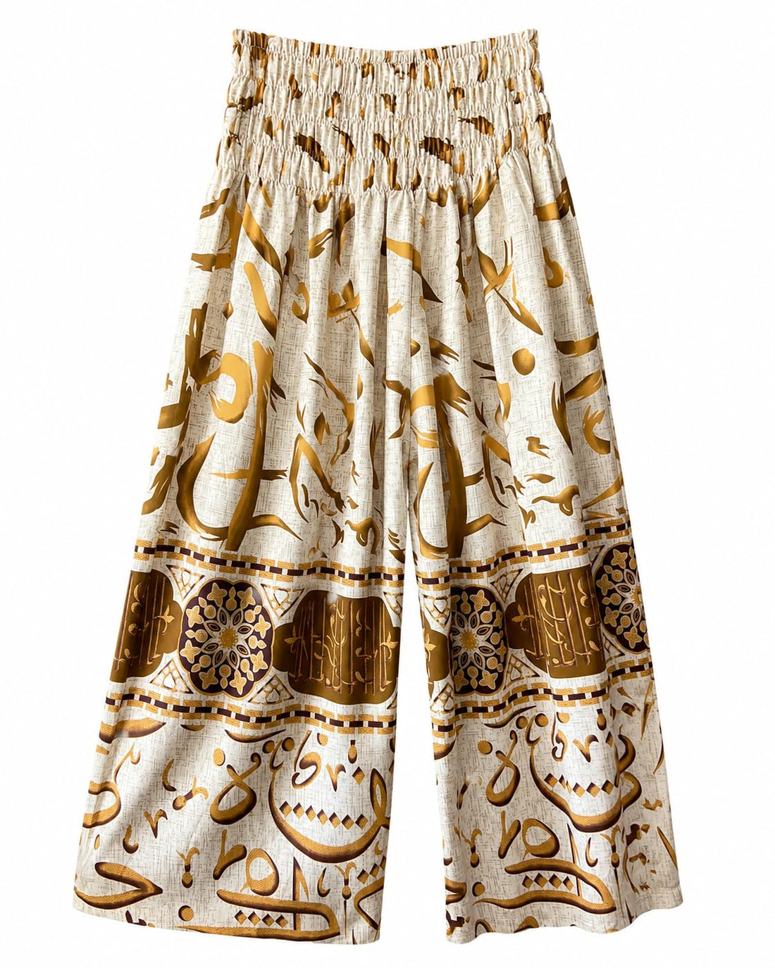 Lamasaty Women’s Cream Arabic Print Wide Leg Pants, Shirred High Waist Palazzo Trousers, Flowy Modest Casual Pants for Ramadan, Travel & Everyday Wear