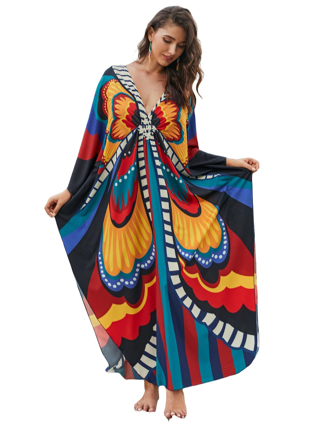 Showday Women's Cover Up Swimwear Summer Cotton Short Sleeve V Neck Sun Set Cover Up Floral Embroidery Casual Bohemian Dress Vacation Dresses Women Mid Length Sleeve Pullover Cash Mayo For Women