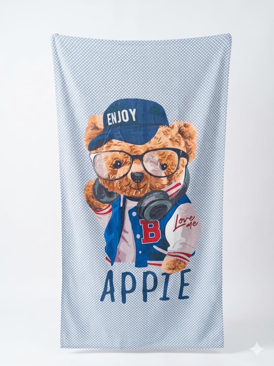 Appie Cotton Beach Towel, Blue Teddy Bear Graphic Print, 140 x 70 cm