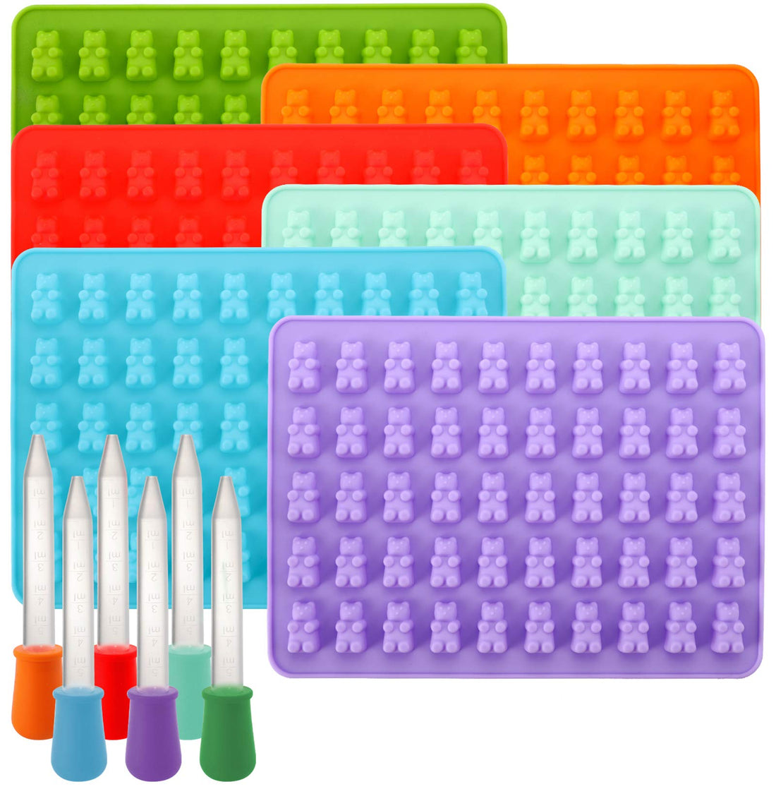 Lawei 6 Pack Gummy Bear Candy Molds - Silicone Chocolate Gummy Molds - 300 Cavities and 6 Bonus Droppers