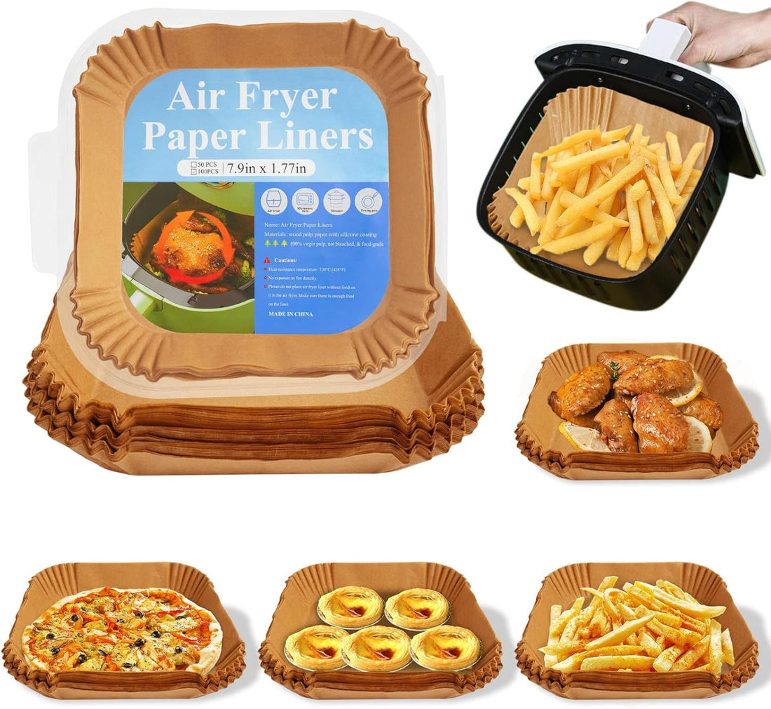 Topavatop Large 24cm Disposable Paper Liners,Square Air Fryer Paper Liner for 5-8 Quart Air Fryers, Oil and Water Resistant, Parchment Paper for Baking, Roasting, and Microwaving, Brown (200mm x 45mm)