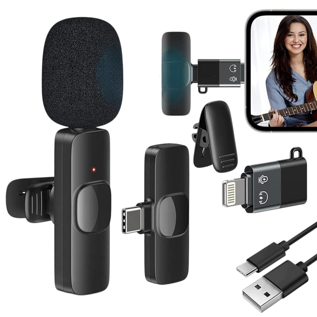 Universal Wireless Lavalier Microphone for iPhone & Type-C Android, Professional Single Mic with Adapter & Charging Cable, Noise Reduction Wireless Mic for YouTube, TikTok & Vlogging (K8)