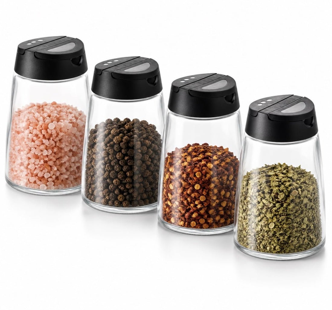 Downtown 4-Piece Glass Spice Jar Set, Kitchen Storage Bottles with Black Lids, Seasoning Container Organizer