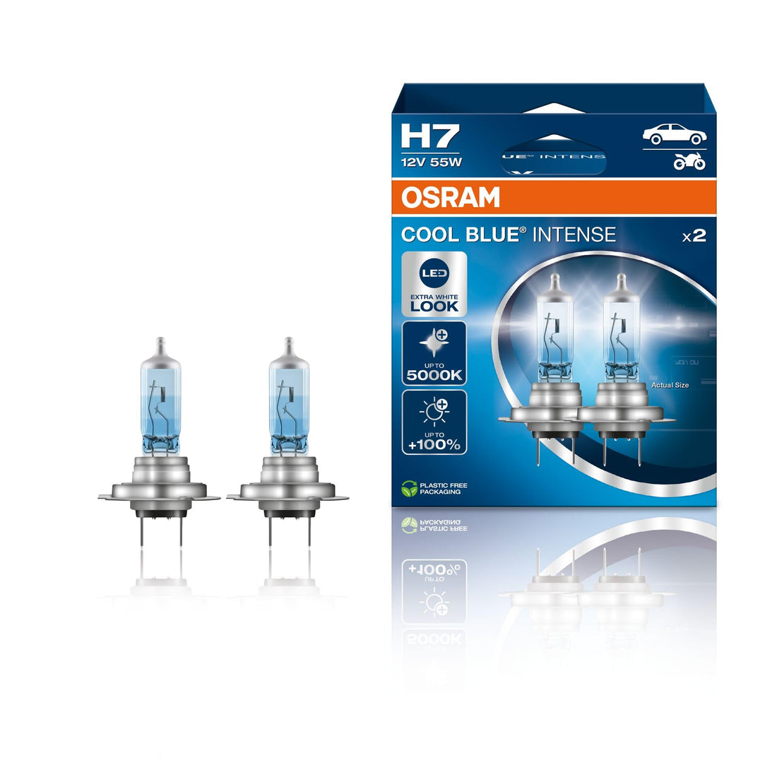 OSRAM COOL BLUE INTENSE H7, 100% more brightness, up to 5,000K, halogen headlight lamp, LED look, duo box (2 lamps), 64210CBN-HCB