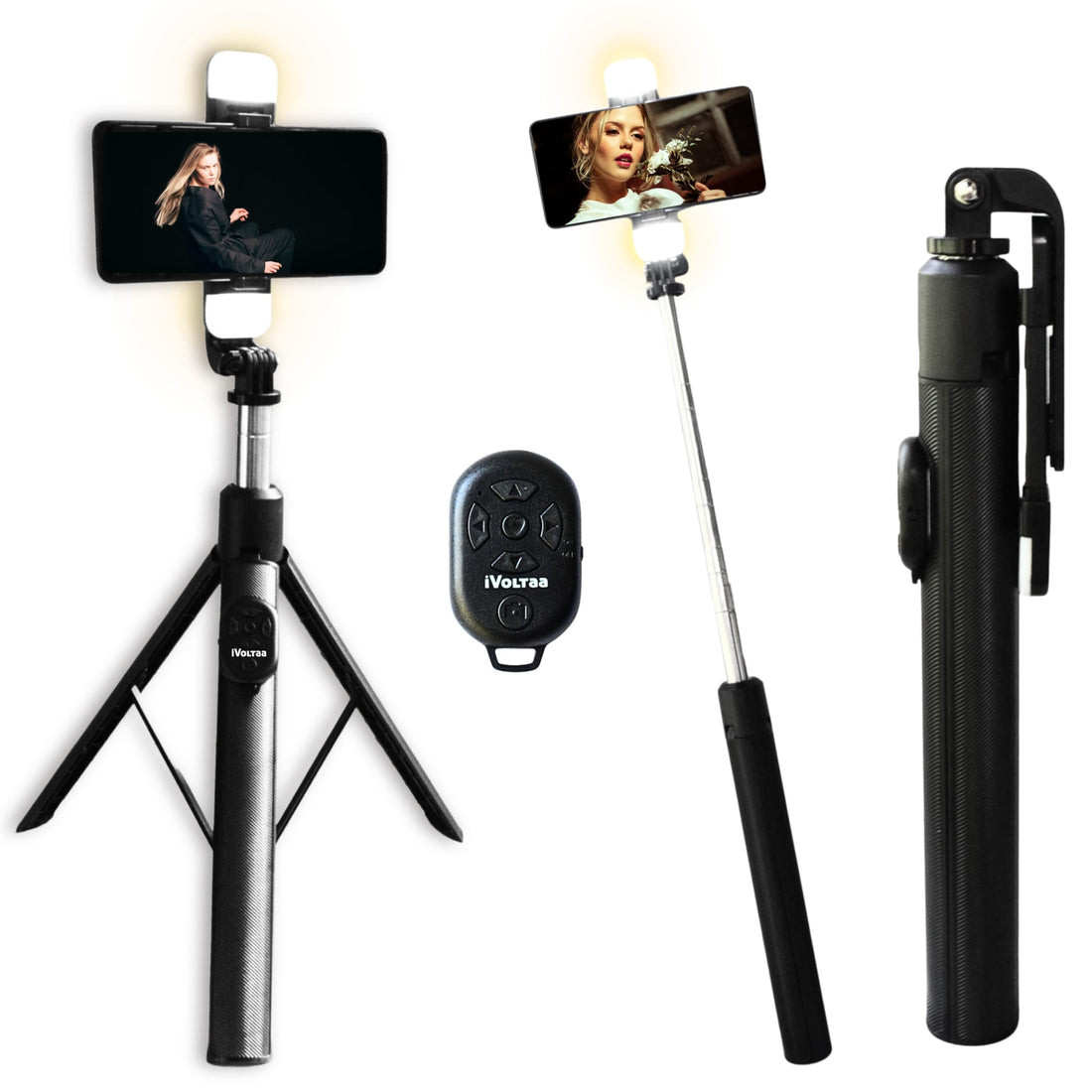 iVoltaa Super Long Extendable Selfie Stick Tripod with Detachable Wireless Remote, in-Built Tripod for Smartphones and Go-Pro, with and Without LED Flash Light (Black) (with LED Flash Light)