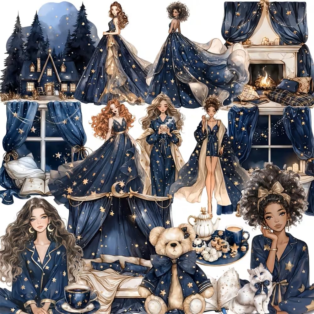 40pcs/Set Creative Retro Navy Blue Winter Stars Christmas Theme Mysterious Star House Ladies DIY Waterproof Stickers Suitable for Diary Scrapbook Album Decoration Notebook Waterproof Stickers