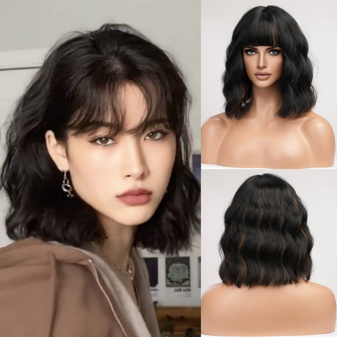 ECIF Black Wigs For Women, Black Mixed Brown Shoulder Length Synthetic Hair Wig With Fringe