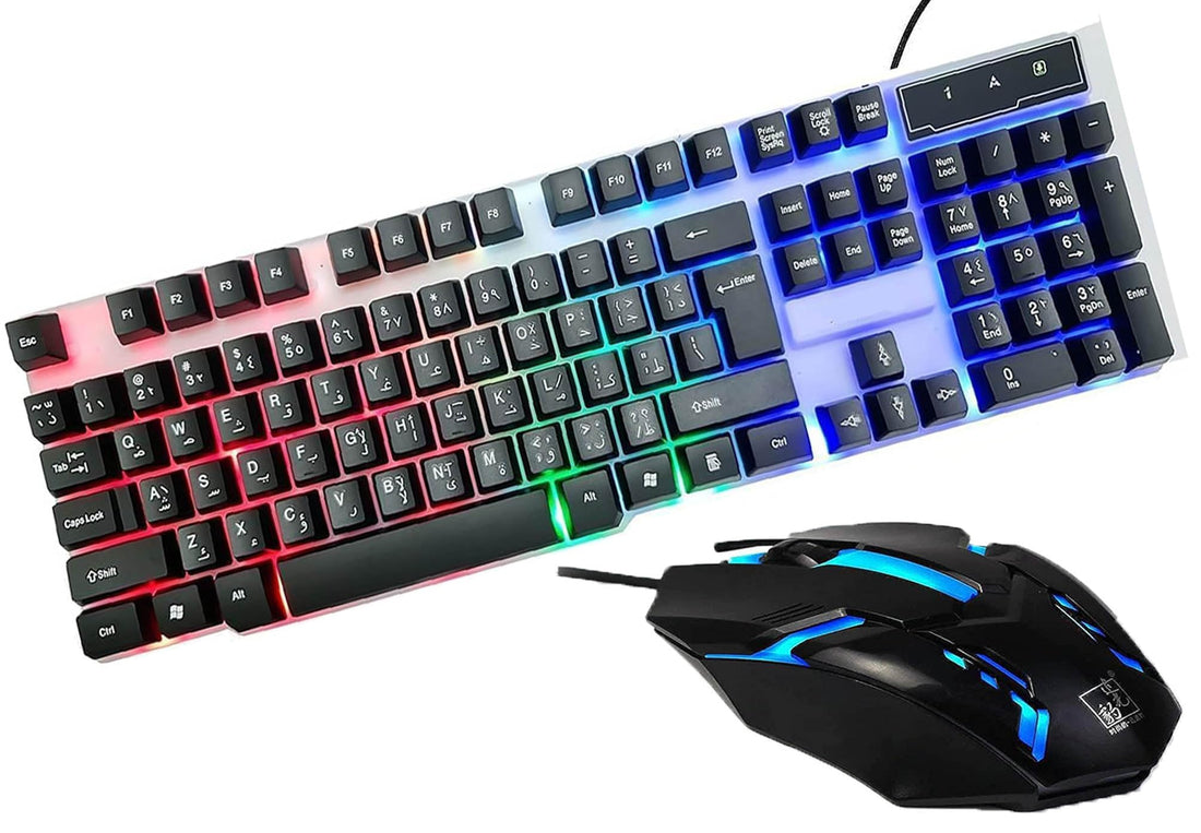 Illuminated Keyboard and Mouse Set 7 Colors Gaming LED Wired Multi Media Arabic English Keys
