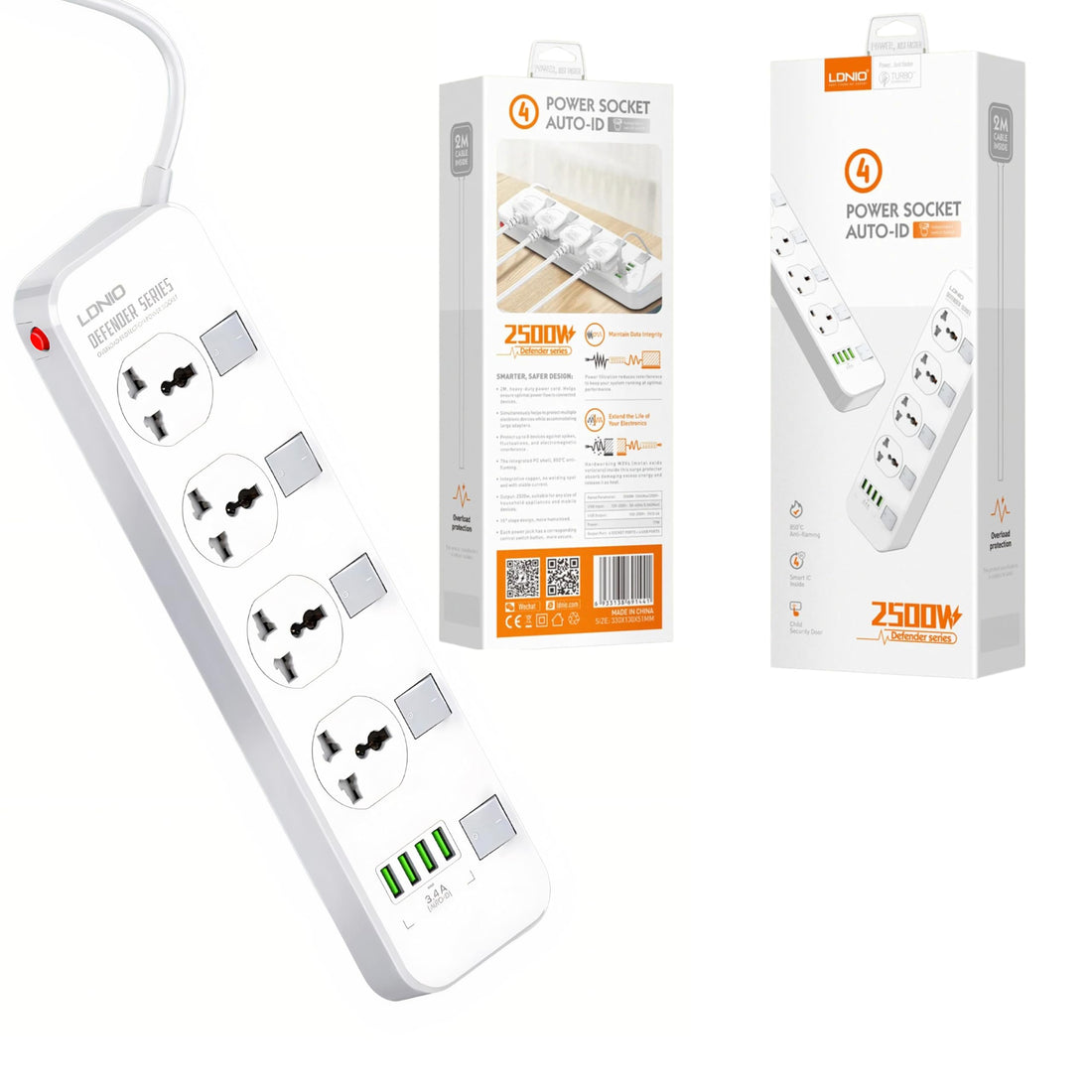 LDNIO SC4408 Universal Power Strip with 5 Power Sockets, 4 USB Ports, 2500W Overload Protector - White