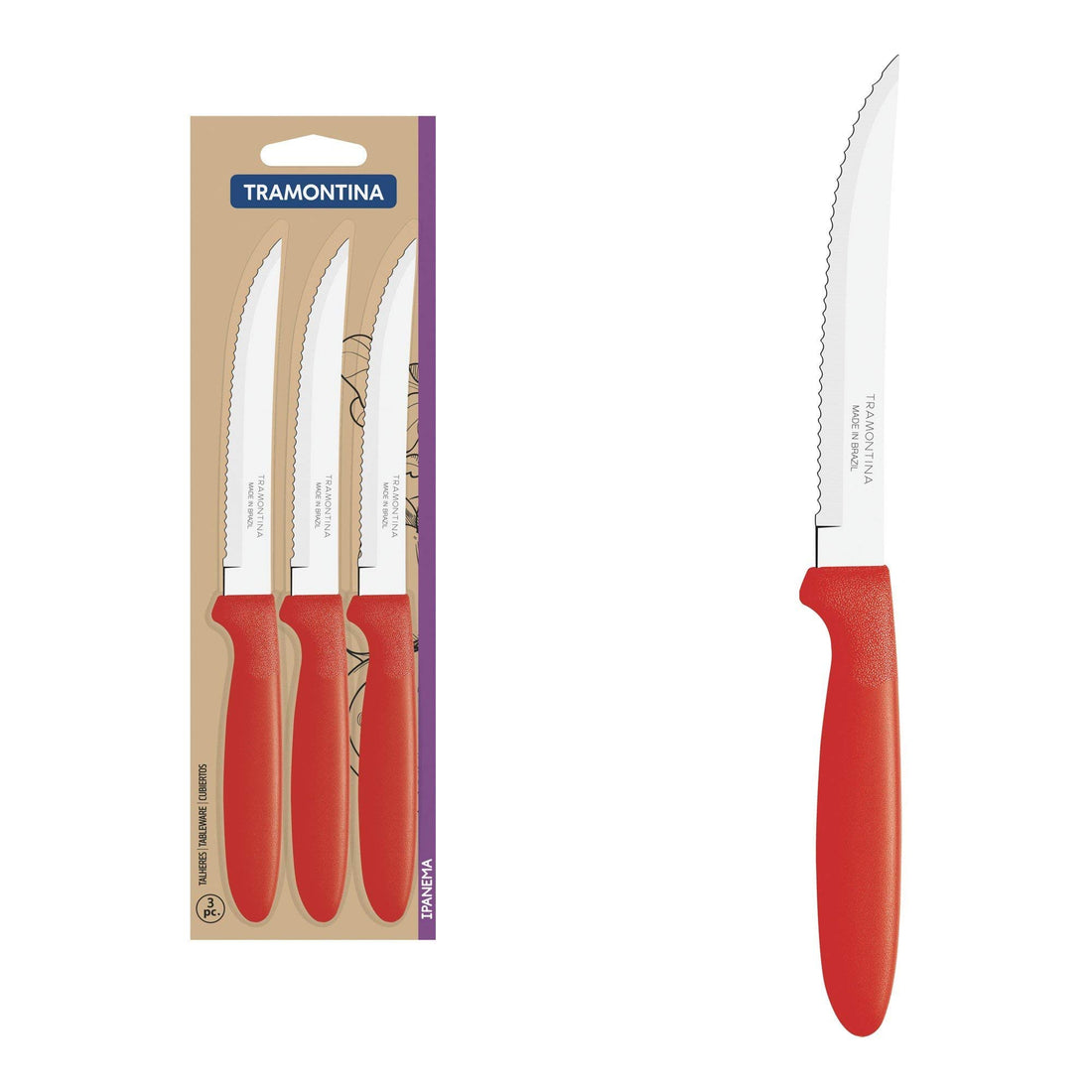 TRAMONTINA Set, Premium Set Designed for Everyday Use (Traditional, Roast Knife Set, 3-Piece, Polypropylene, Natural, Various Sizes, Stainless Steel Finish, 3 Roast Knives)