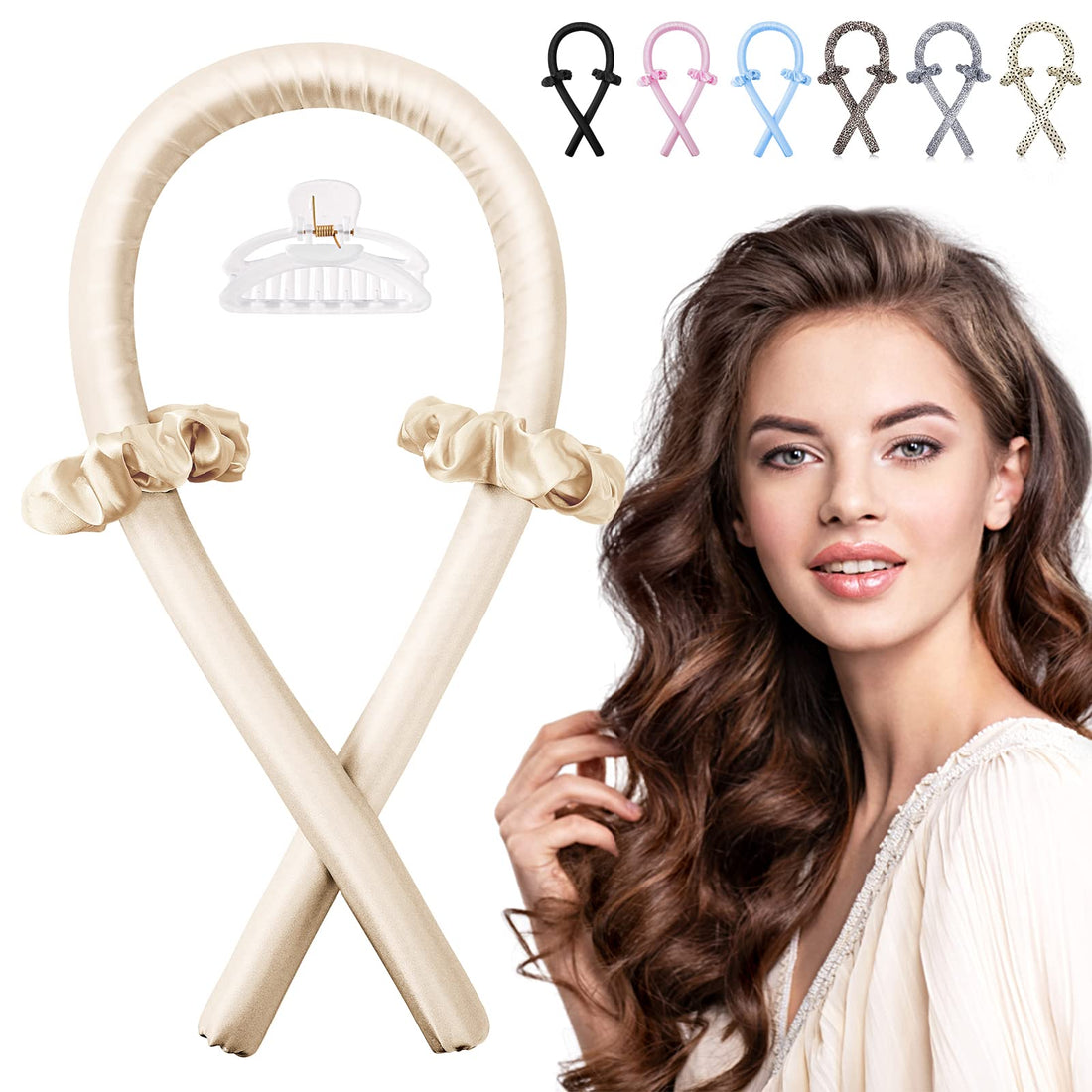 IENIN Heatless Curling Rod Headband, No Heat Hair Curlers to Sleep in Curl Ribbon with Scrunchies Hair Clips Overnight Hair Curlers for Women Long Hair Styling Tools(Champagne)