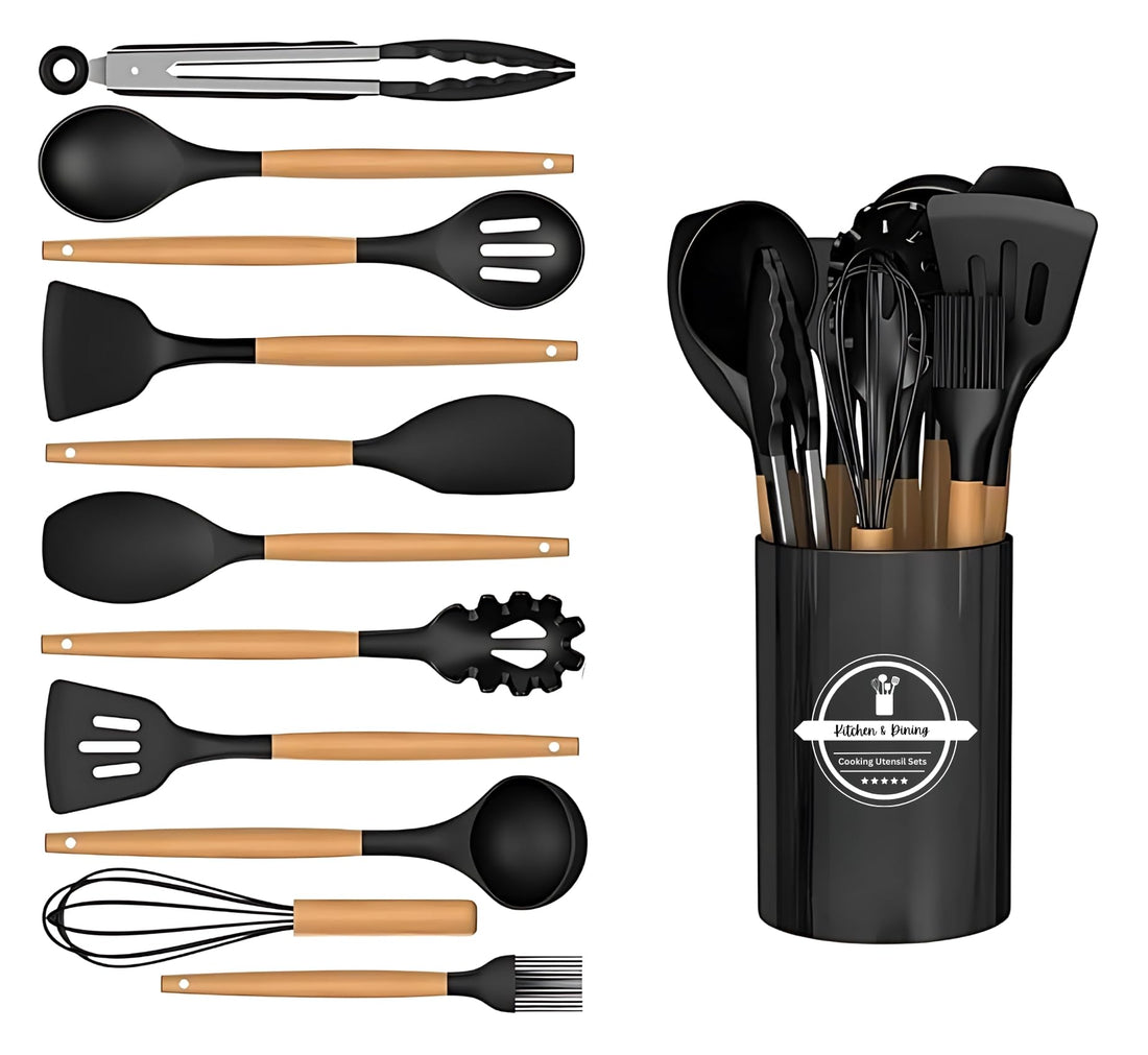 Silicone Cooking Utensil Set,12-Pcs Kitchen utensil set with storage Bucket, Non-Toxic heat resistance utensil Set with Nature Wood Handles, Spatula Wooden Spoons Gadgets Tool for Non-Stick Cookware