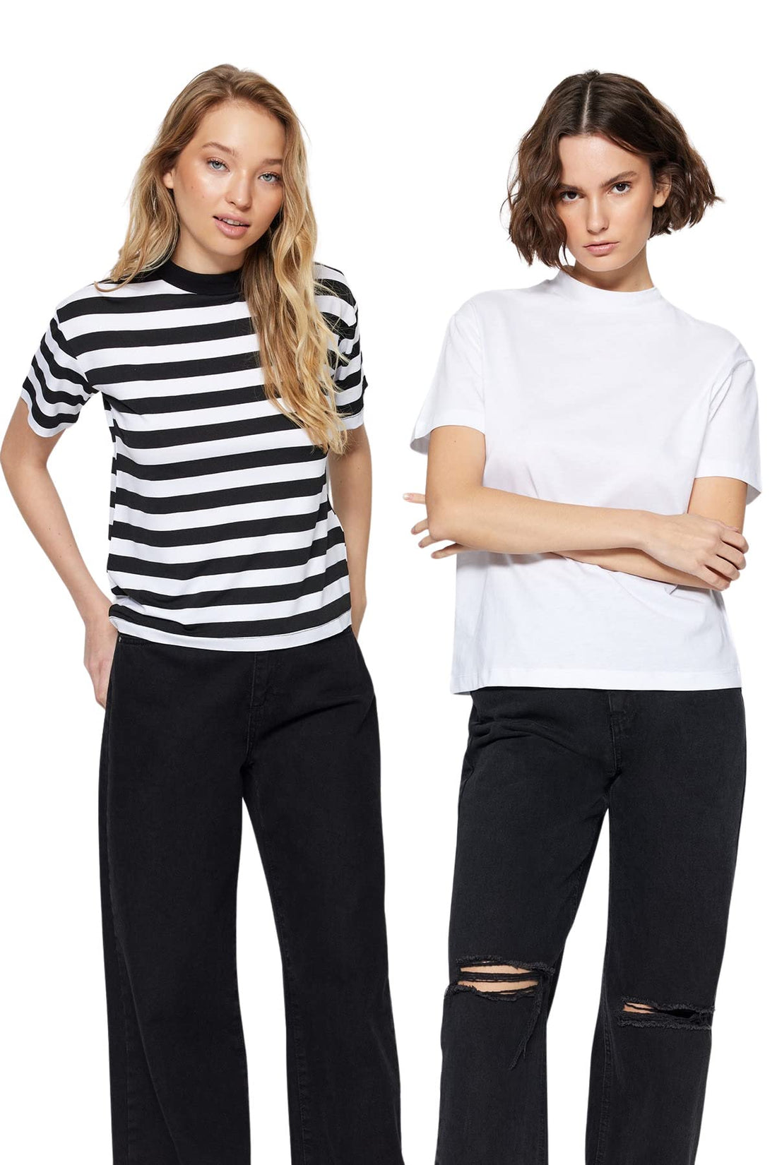 Trendyol Women 2-Pack 100% Cotton Basic Stand Up Collar Knitted T-Shirt TWOSS20TS1500 T-Shirt