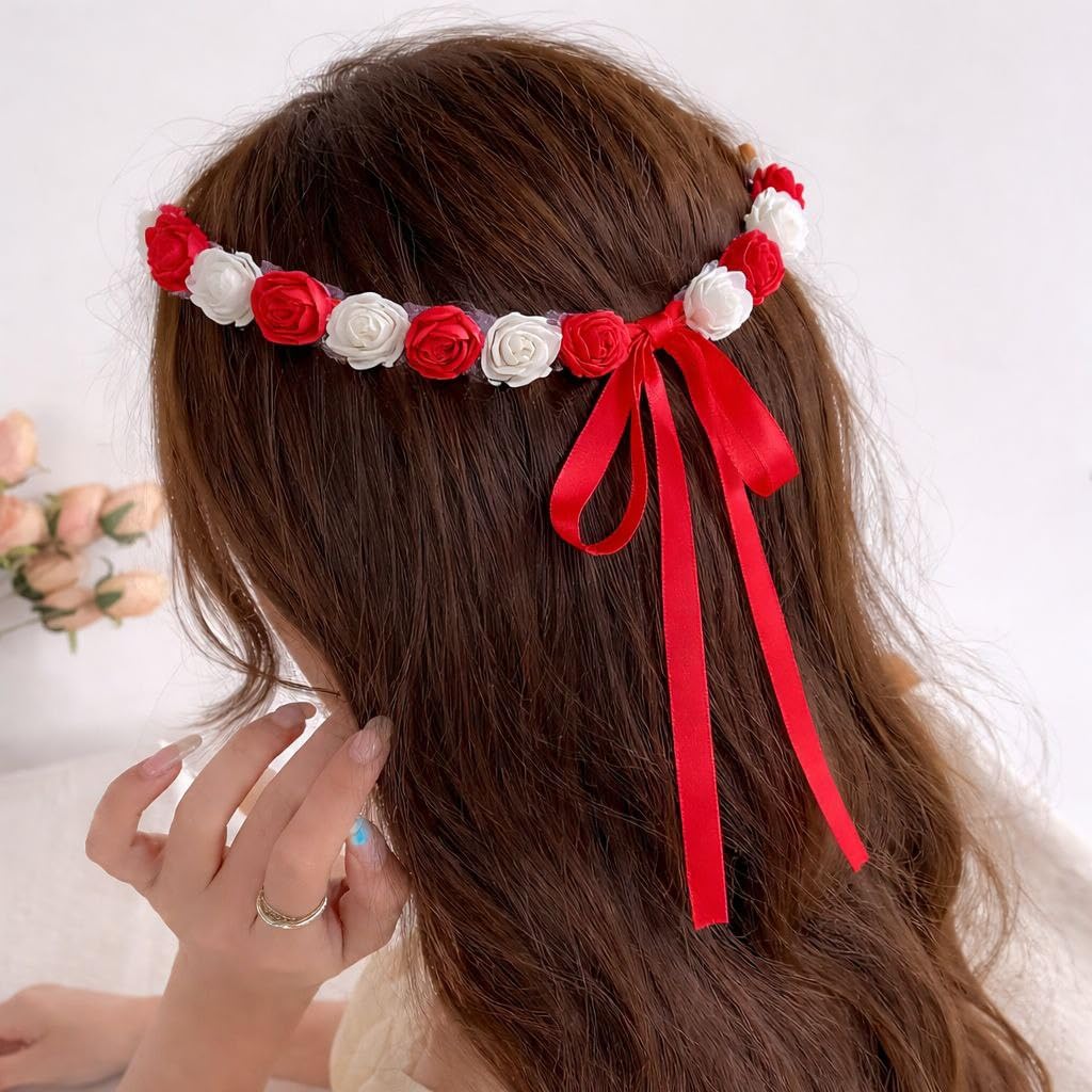 Flower Crown Flower Garland for Girls Elegant Hairstyle for Festival Birthday Party School Cosplay (Red)