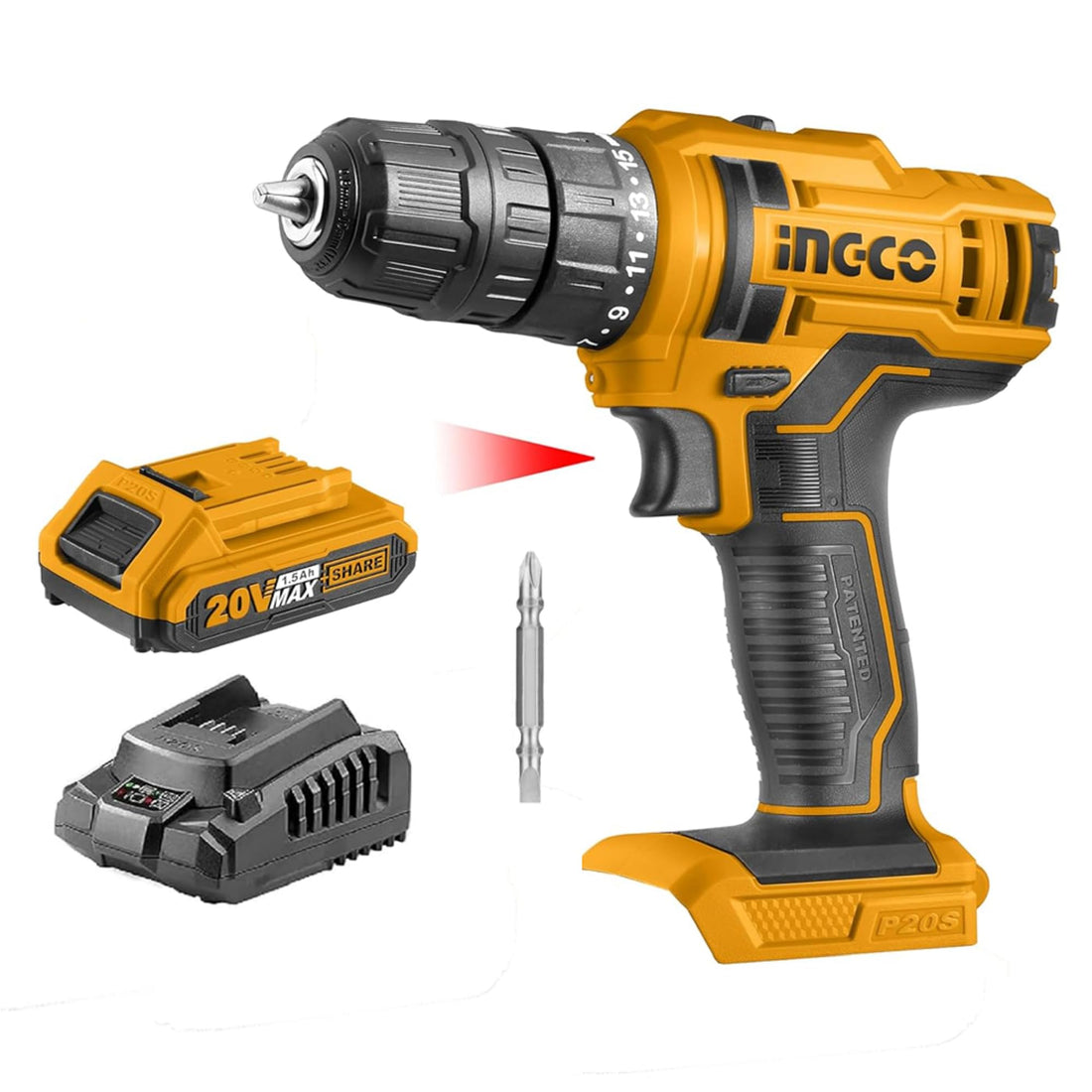INGCO 20V Cordless Drill, 15+1| 0.8-10mm | 45NM | 2-speed Gear | 0-400/0-1500/rpm Drill Machines, Drill Machine Kit with Battery and Fast Charger, LED