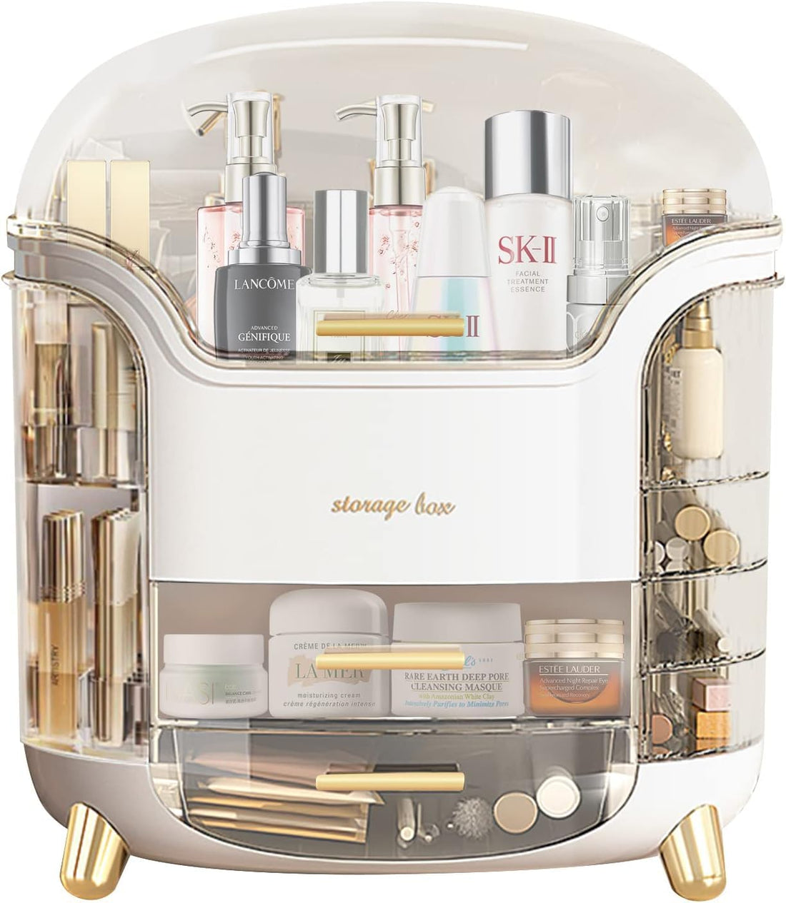 Makeup Organizer for Vanity, Portable Cosmetic Storage Box with Drawer and Transparent Lid, Dustproof and Waterproof Large Countertop Organizer Make Up Holder for Bedroom, Bathroom Skincare (White)