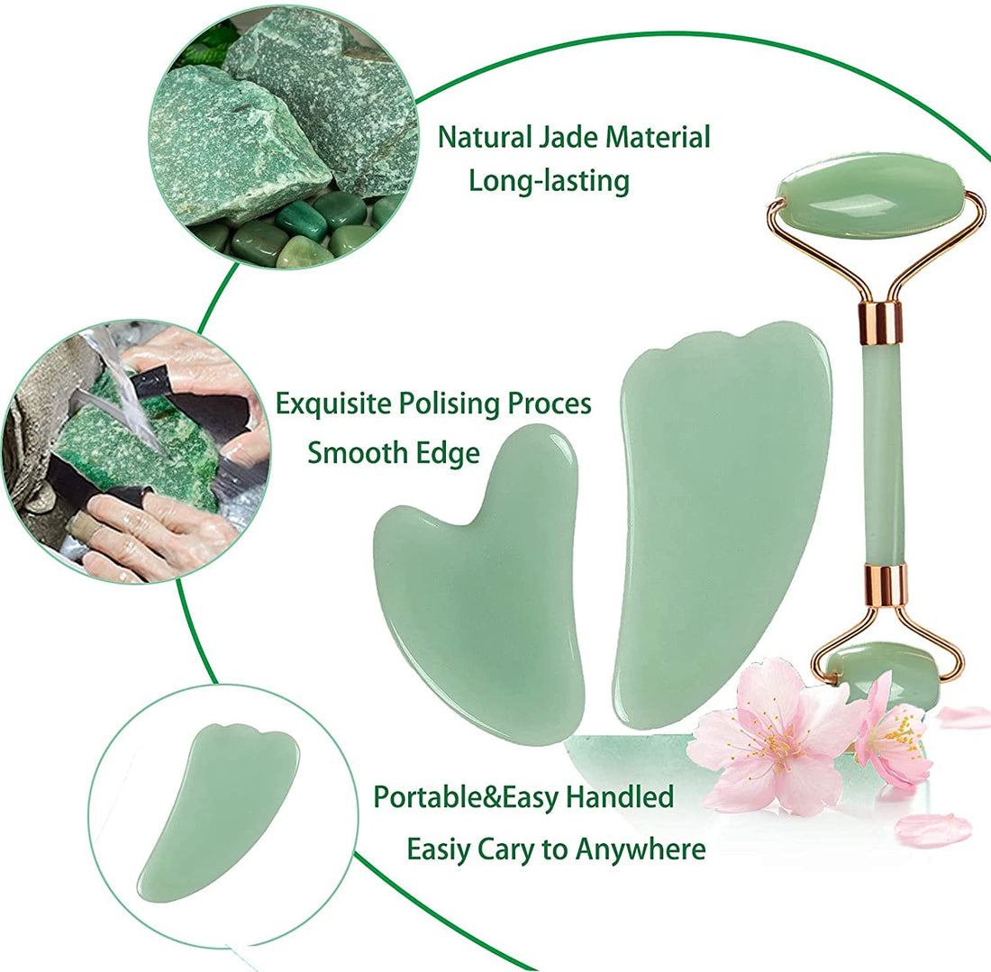Anti Aging Jade Roller, Green Natural Stone Facial Massager Jade Facial Roller Gua Sha Massage Tool for Face and Full Body - Face Massager Roller for Anti-Aging Face Wrinkles, Eye, Neck