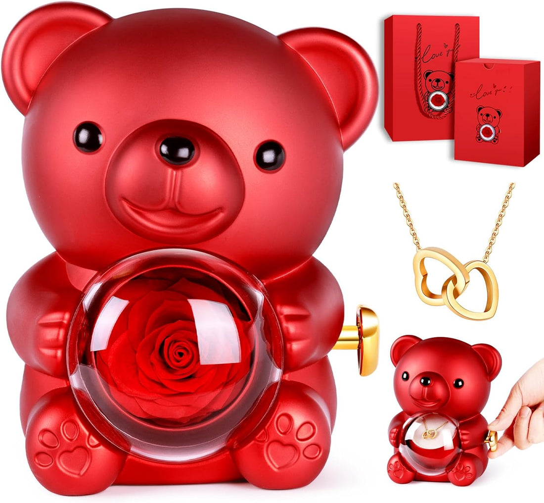 DUNGRANI ENTERPRISE Teddy Bear with Preserved Rose, Flower Forever in Bear with Elegant Gift Box for Women, Romantic Bear Roses Gifts for Valentines Mothers Day Anniversary Day Birthday