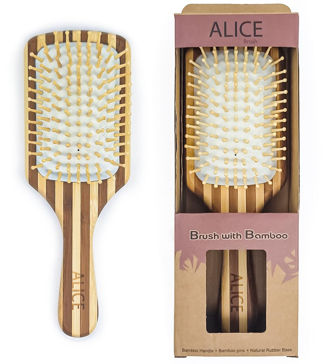 Alice - Bamboo Brush, Eco-Friendly Wooden Hair Brush With Natural Rubber Base, For All Hair Types