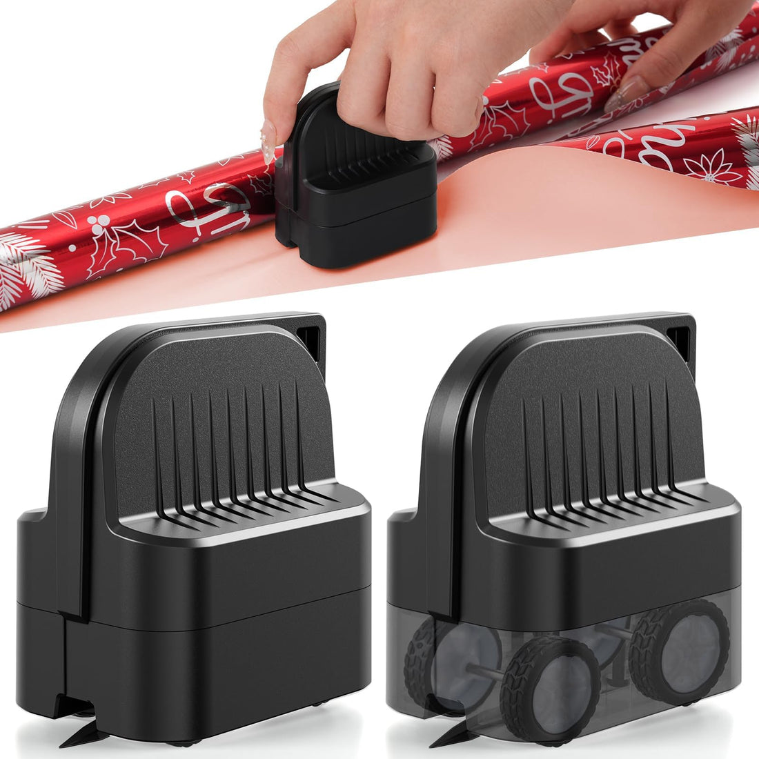 Wrapping Paper Cutter with Wheels – 2-Pack Straight Line Gift Wrap Cutter for Christmas & Birthday, Fits Large Rolls with Replaceable Blades (Black)